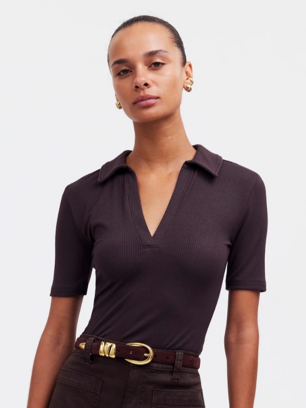 Madewell soft ribbed polo top and satin slit skirt set
